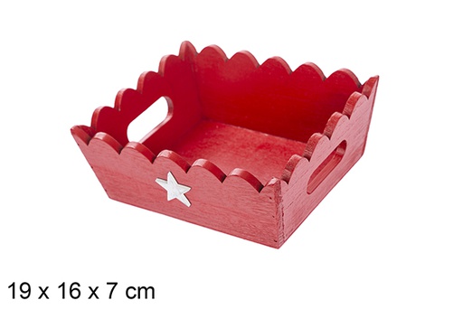 [115935] Red corrugated wooden Christmas tray decorated with star 19x16x7 cm