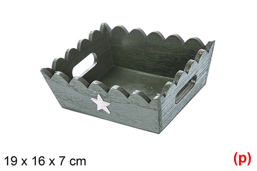 [115936] plateau de noël en bois ondulé vert décoré d'étoile 19x16x7cm