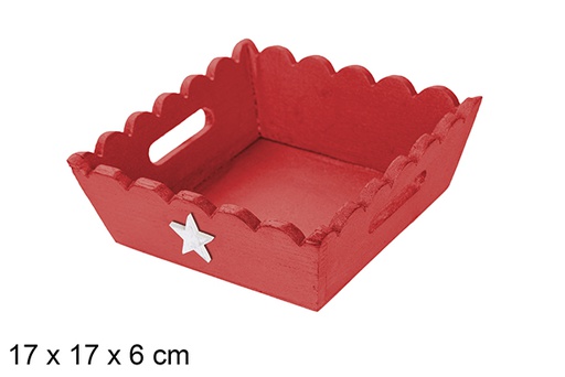 [115939] plateau de noël en bois ondulé rouge décoré d'étoile 17x17x6cm