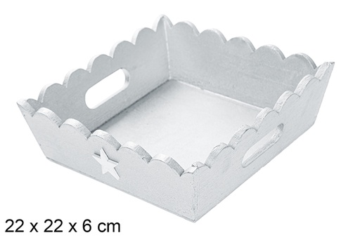 [115942] Silver corrugated wooden Christmas tray decorated with star 22x22 cm