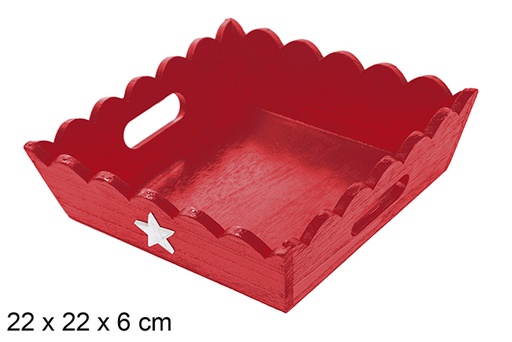 [115943] Plateau de Noël en bois ondulé rouge décoré d'étoile 22x22 cm