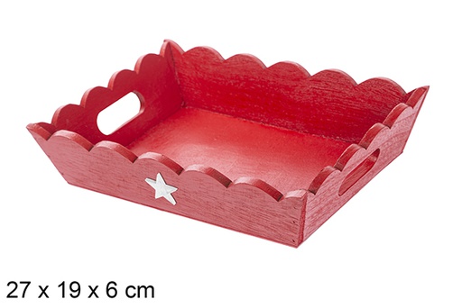 [115947] Plateau de Noël en bois ondulé rouge décoré d'étoile 27x19x6 cm