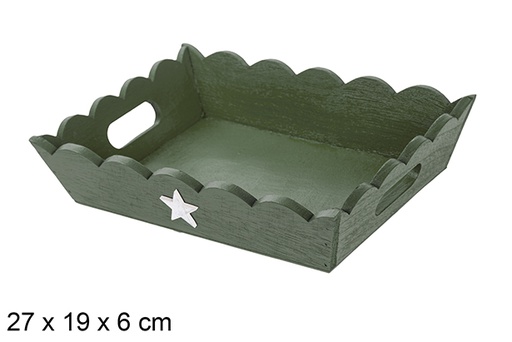 [115948] Plateau de Noël en bois ondulé vert décoré d'étoile 27x19x6 cm