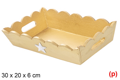 [115949] Bandeja de Natal de madeira ondulada ouro decorada com estrela 30x20x6 cm