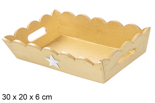 [115949] Bandeja de Natal de madeira ondulada ouro decorada com estrela 30x20x6 cm