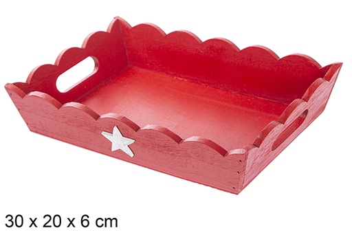 [115951] Plateau de Noël en bois ondulé rouge décoré d'étoile 30x20x6 cm