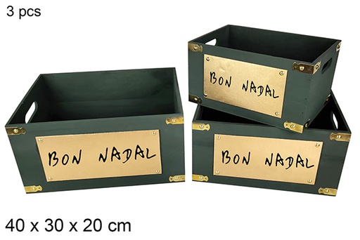 [115953] Pack 3 caisses en bois vertes décorées Bon Nadal 40x30x20 cm