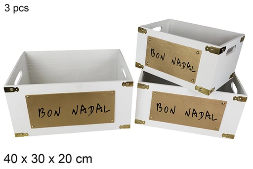 [115954] Pack 3 caisses en bois blanches décorées Bon Nadal 40x30x20 cm