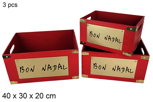 [115955] Pack 3 scatole in legno rosse decorate Bon Nadal 40x30x20 cm