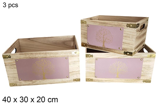 [115956] Pack 3 cajas madera vintage decorado árbol violeta 40x30x20 cm