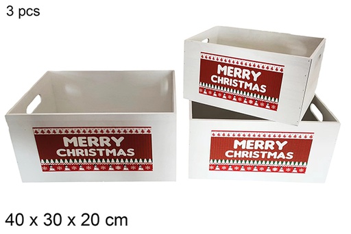 [115986] Pack 3 caissettes en bois blanches décorées Merry Christmas 40x30x20 cm