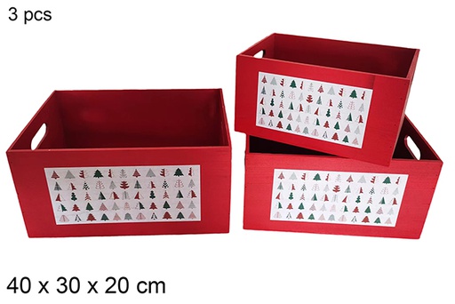 [115987] Pack 3 red wooden boxes decorated trees 40x30x20 cm