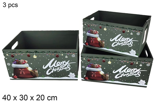 [115988] Pack 3 caissettes en bois vertes décorées Merry Christmas 40x30x20 cm