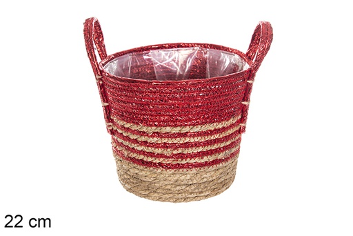 [115997] Panier jonc de mer doublé naturel/rouge avec anses 22 cm