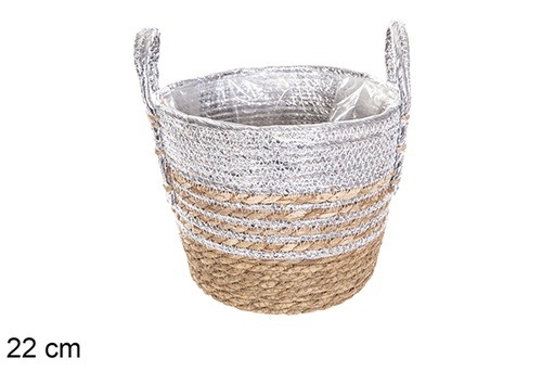 [116000] Seagrass basket lined natural/silver with handles 22 cm