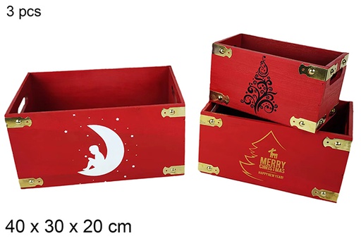 [116019] Pack 3 boîtes de Noël en bois rouges assorties 40x30x20 cm