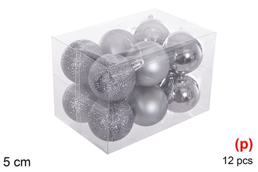 [116174] Pack 12 boules gris brillant/mat/purpurin 5 cm