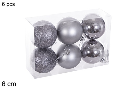[116198] Pack 6 boules grises brillantes/mates/pailletées 6 cm