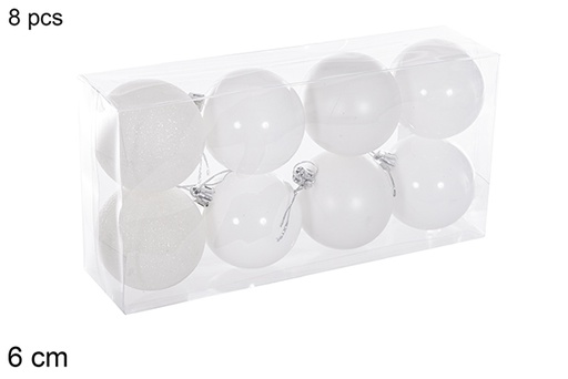 [116202] Pack 8 boules blanches brillantes/mates/pailletées 6 cm