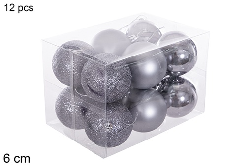 [116216] Pack 12 boules grises brillantes/mates/pailletées 6 cm