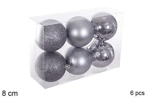 [116281] Pack 6 palline grigie lucide/opache/glitterate da 8 cm