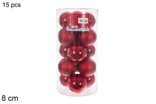 [116306] Pack 15 boules rouge brillant/mat cylindre 8 cm