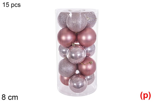 [116309] Pack 15 bolas oro rosa brillo/mate cilindro 8 cm