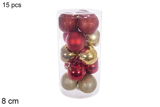 [116311] Pack 15 assorted gold/red gloss/matte/glitter balls in cylinder 8 cm