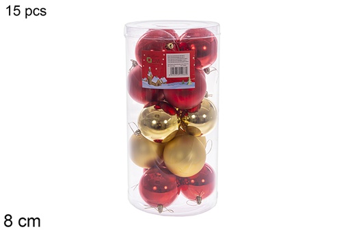 [116311] Pack 15 bolas oro/roja brillo/mate/purpurina surtidos cilindro 8 cm