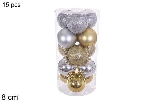 [116312] Pack 15 assorted gold/silver gloss/matte/glitter balls in cylinder 8 cm 