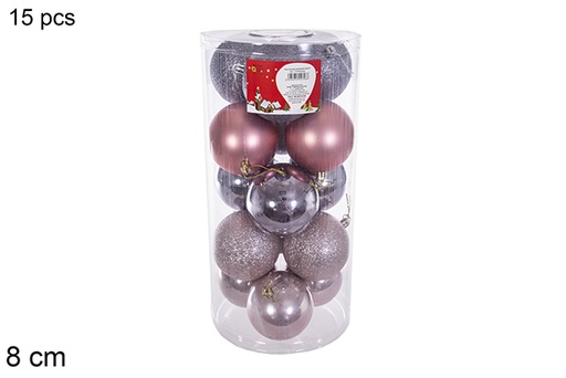 [116313] Pack 15 bolas oro rosa/gris brillo/mate surtidos cilindro 8 cm