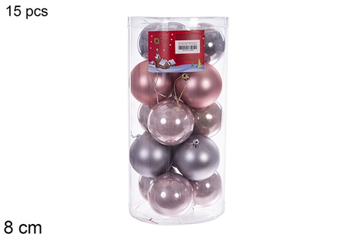 [116313] Pack 15 palline rosa oro/grigio lucido/opaco assortite cilindro 8 cm