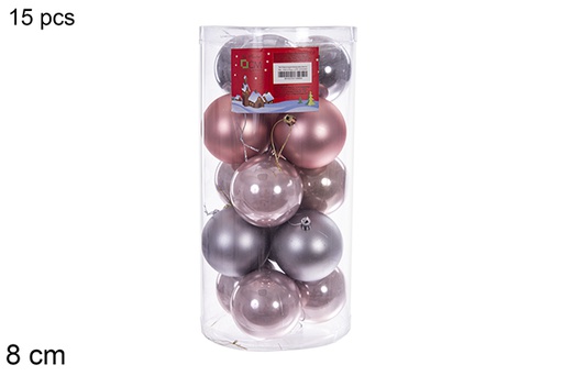 [116313] Pack 15 rose gold/grey glossy/matte balls assorted cylinder 8 cm