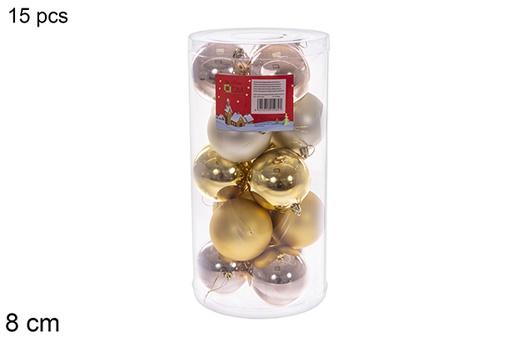 [116314] Pack 15 bolas oro/champagne brillo/mate surtidos cilindro 8 cm