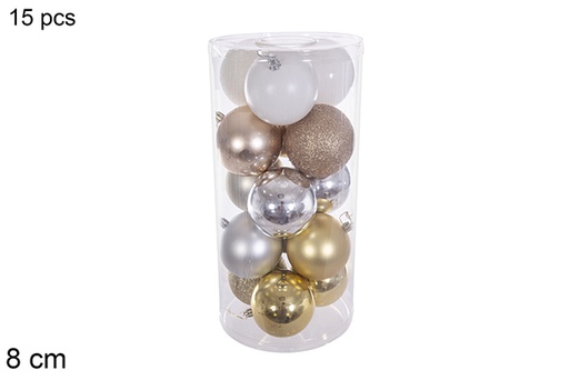 [116315] Pack 15 assorted gold/silver/champagne shiny/matte/glitter balls in cylinder 8 cm