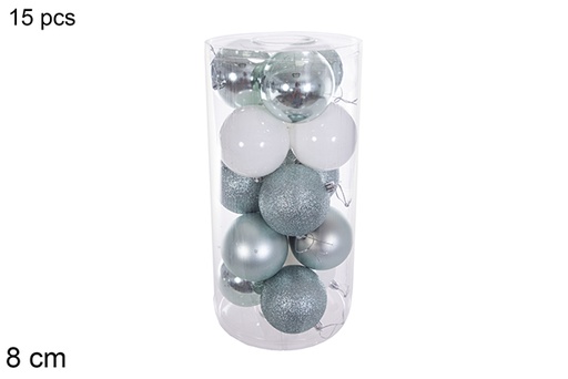 [116321] Pack 15 assorted mint green/white shiny/matt/glitter balls cylinder 8 cm