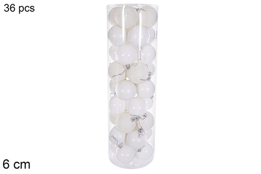 [116324] Pack 36 boules blanches brillantes/mates/pailletées cylindre 6 cm