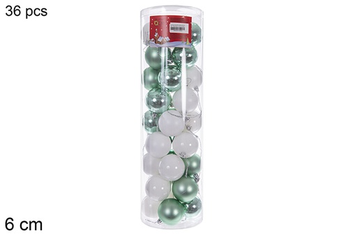 [116329] Pack 36 boules vert menthe/blanc brillant/mat cylindre 6 cm