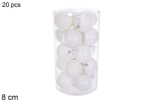 [116339] Pack 20 boules blanches brillantes/mates/pailletées cylindre 8 cm