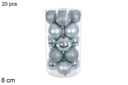 [116341] Pack 20 boules vert menthe brillant/mat/paillettes cylindre 8 cm