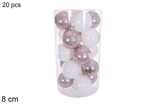 [116342] Pack 20 bolas oro rosa/blanca brillo cilindro 8 cm