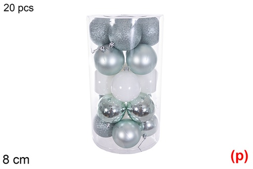 [116343] Pack 20 bolas verdes menta/brancas brilhantes/foscas/glitter cilindro 8 cm