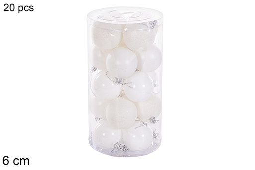 [116347] Pack 20 boules blanc brillant/mat/paillettes cylindre 6 cm