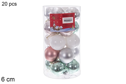 [116354] Pack 20 boules or rose/argent/vert menthe/blanc brillant/mat cylindre 6 cm