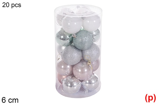 [116354] Pack 20 boules or rose/argent/vert menthe/blanc brillant/mat cylindre 6 cm