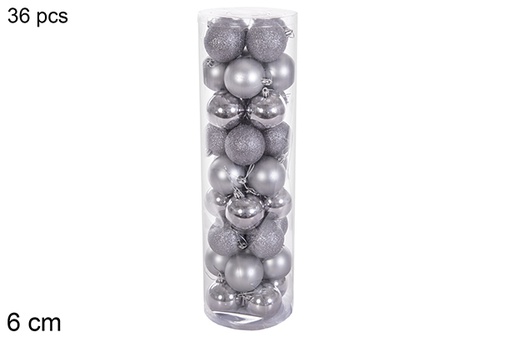 [116355] Pack 36 boules gris brillant/mat/paillettes cylindre 6 cm