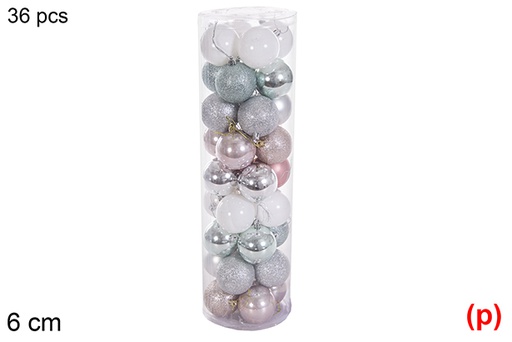 [116356] Pack 36 boules or rose/argent/vert menthe/blanc brillant/mat/paillettes cylindre 6 cm