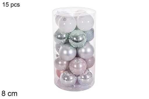 [116357] Pack 15 palline in oro rosa/argento/verde menta/bianco lucide/opache/glitter nel cilindro 8 cm
