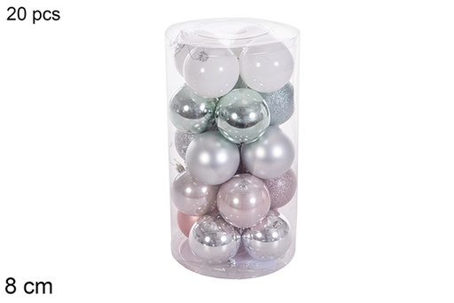 [116358] Pack 20 boules cylindriques pailletées/mates/pailletées or rose/argent/vert menthe/blanc 8 cm