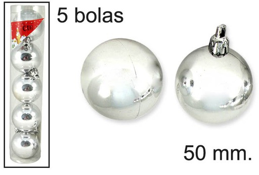 [048375] Pack 5 glossy silver Christmas balls 50 mm